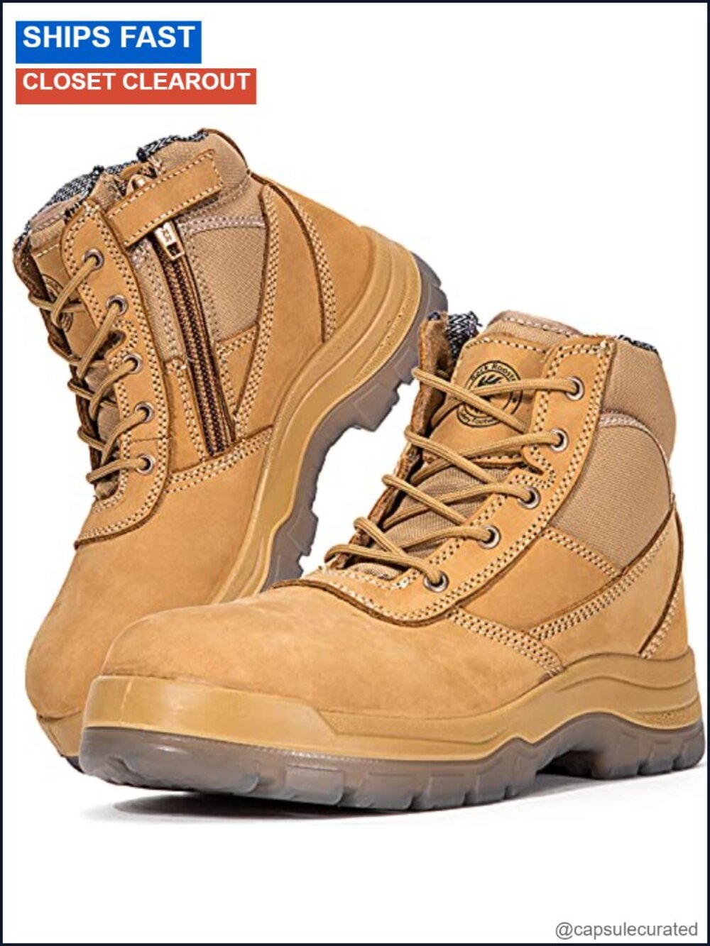 Men's Steel Toe Work Boots Slip Resistant Leather Safety Shoes Side Zip